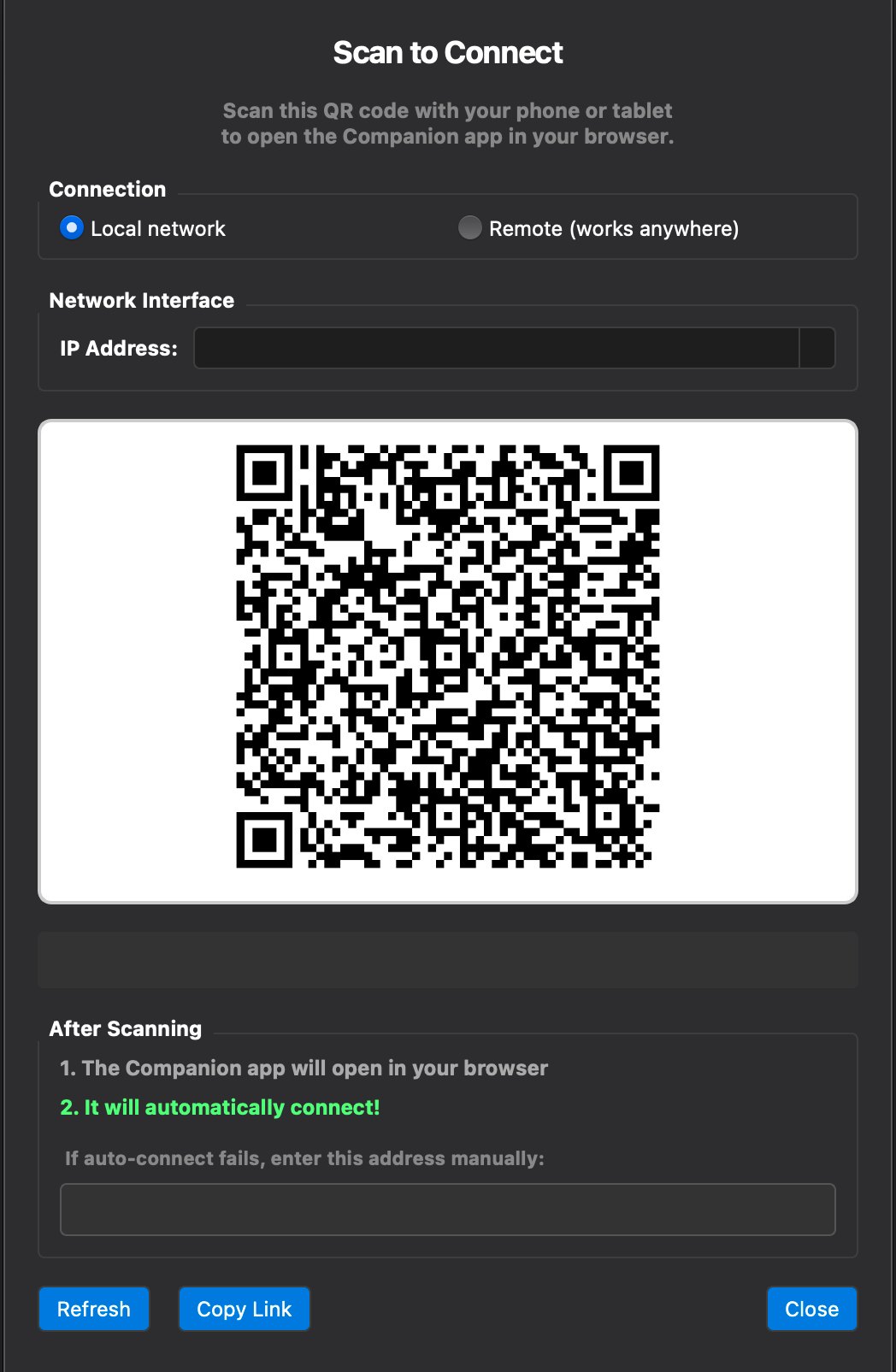 The Companion QR Code dialog: Scan to Connect, a choice of local network or remote, the QR code, and the address to enter by hand if auto-connect fails